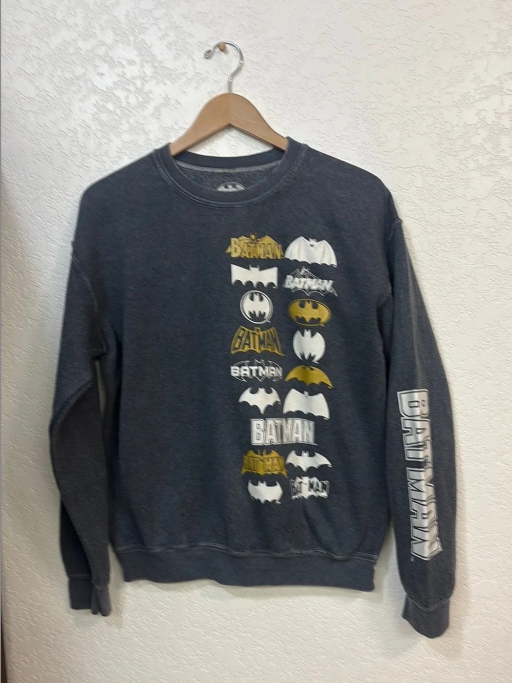 Batman Multi DC Logo on Mineral Wash Charcoal Crewneck Sweatshirt Medium
